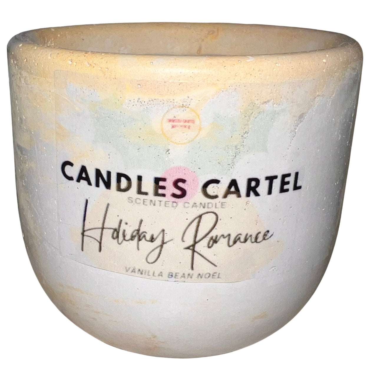 Holiday Romance Candle 10 oz Coconut Wax With Custom Acrylic Gold Swirl on Concrete Vessel And Crackling Wooden Wick